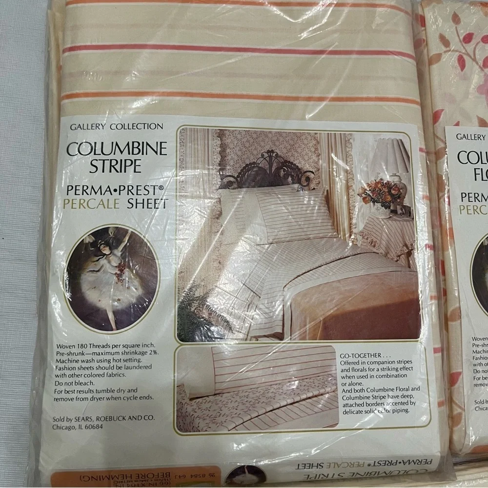 Vintage Twin Sheets Set Columbine Stripe Floral